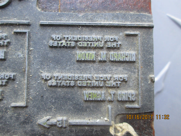 Political Printing Plate for ballots from the 1968 Presidential Election